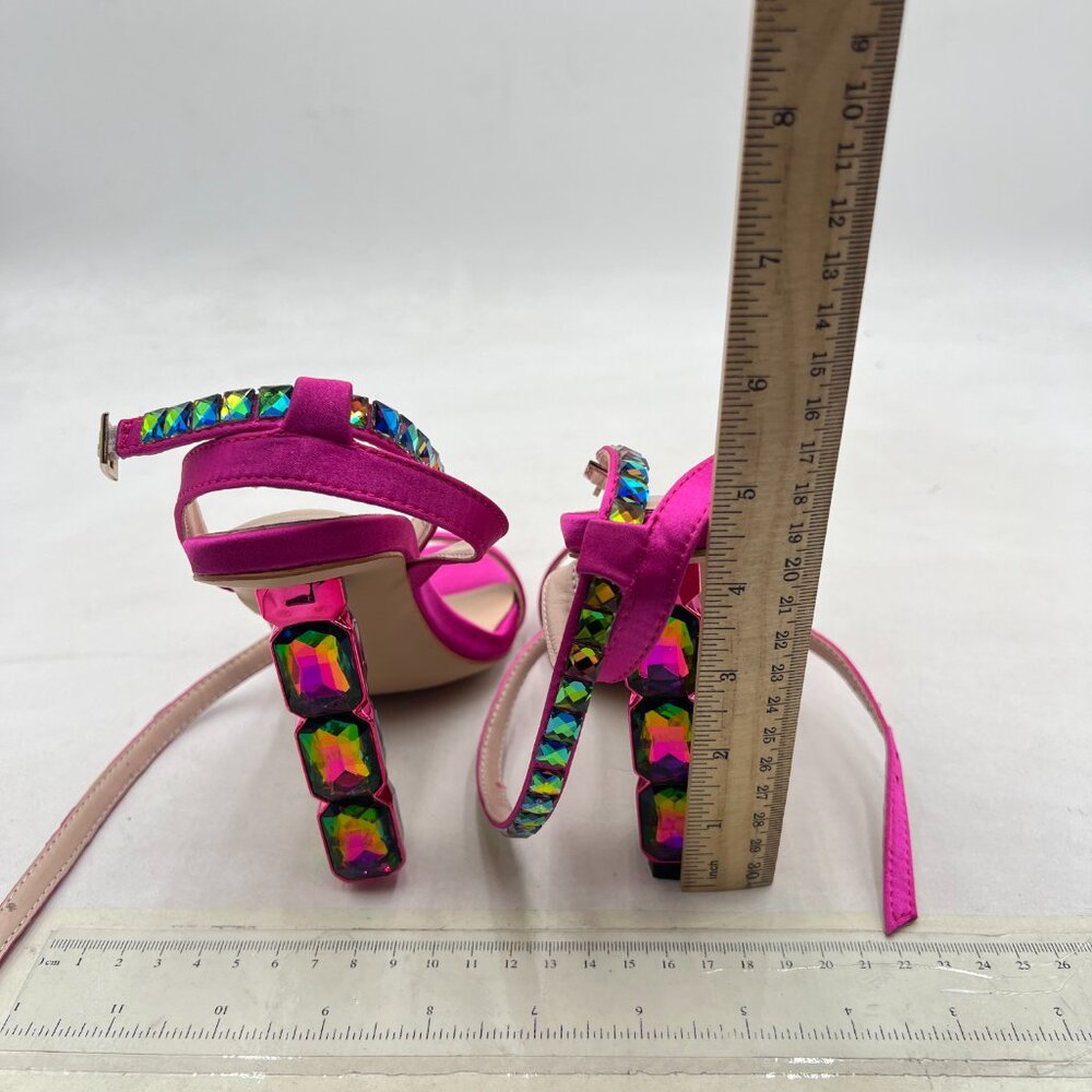 FSJ Fuchsia Satin Evening Shoes Ankle Strap Crystal Block Heel Sandals - Picture 5 of 8